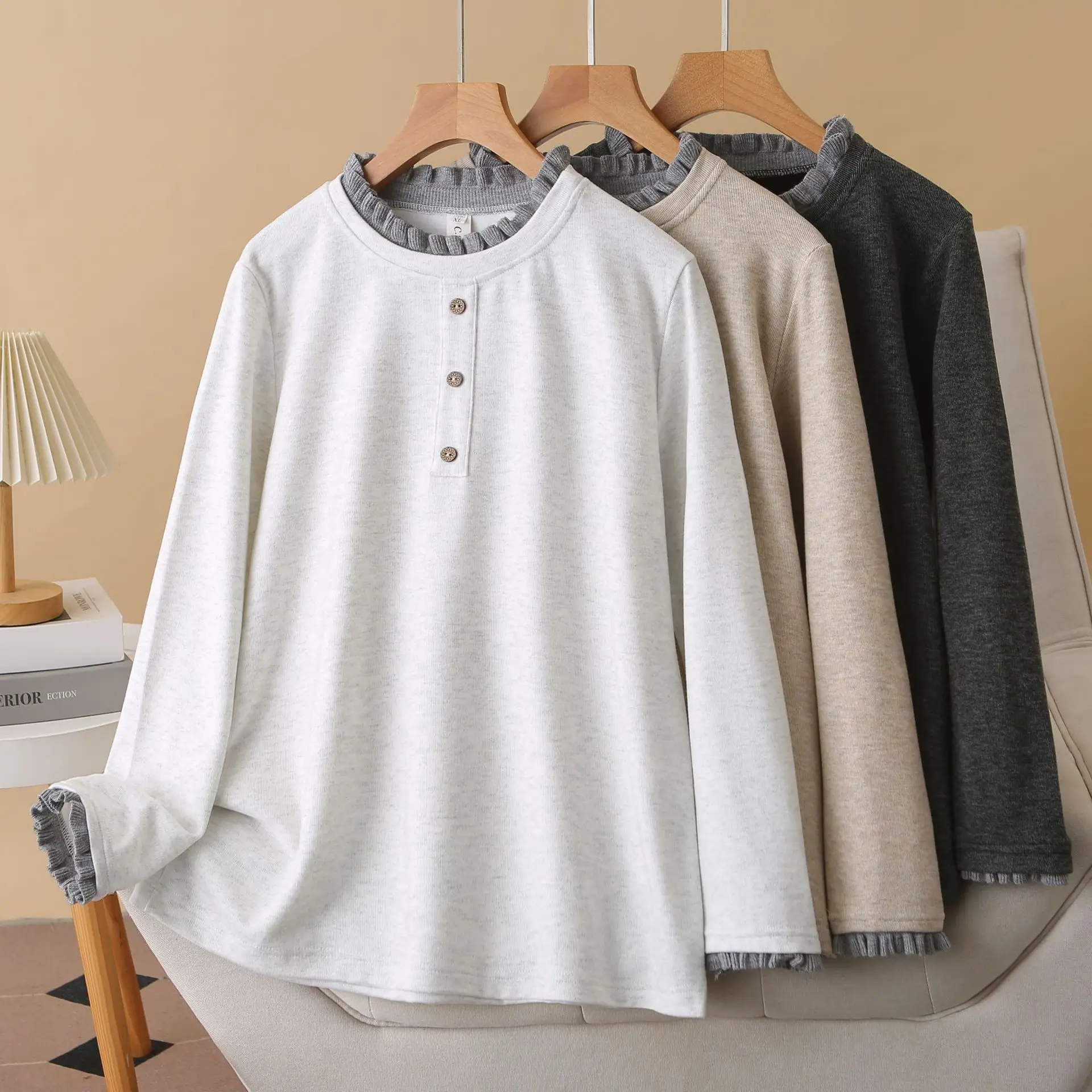 XXXXL Fashion Plus Size Women's T-Shirt New Autumn And Winter Fleece Warm Color Blocking Ruffled Collar Long Sleeved Top 8857