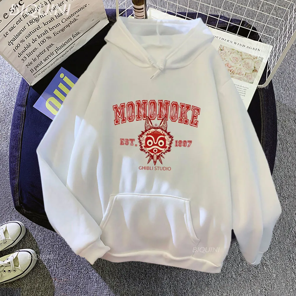 

Mononoke Hime Letter Printed Sportswear Pullover Polyester Cotton Shirt Hoodies Casual Womens New Harajuku Long Sleeve Couples