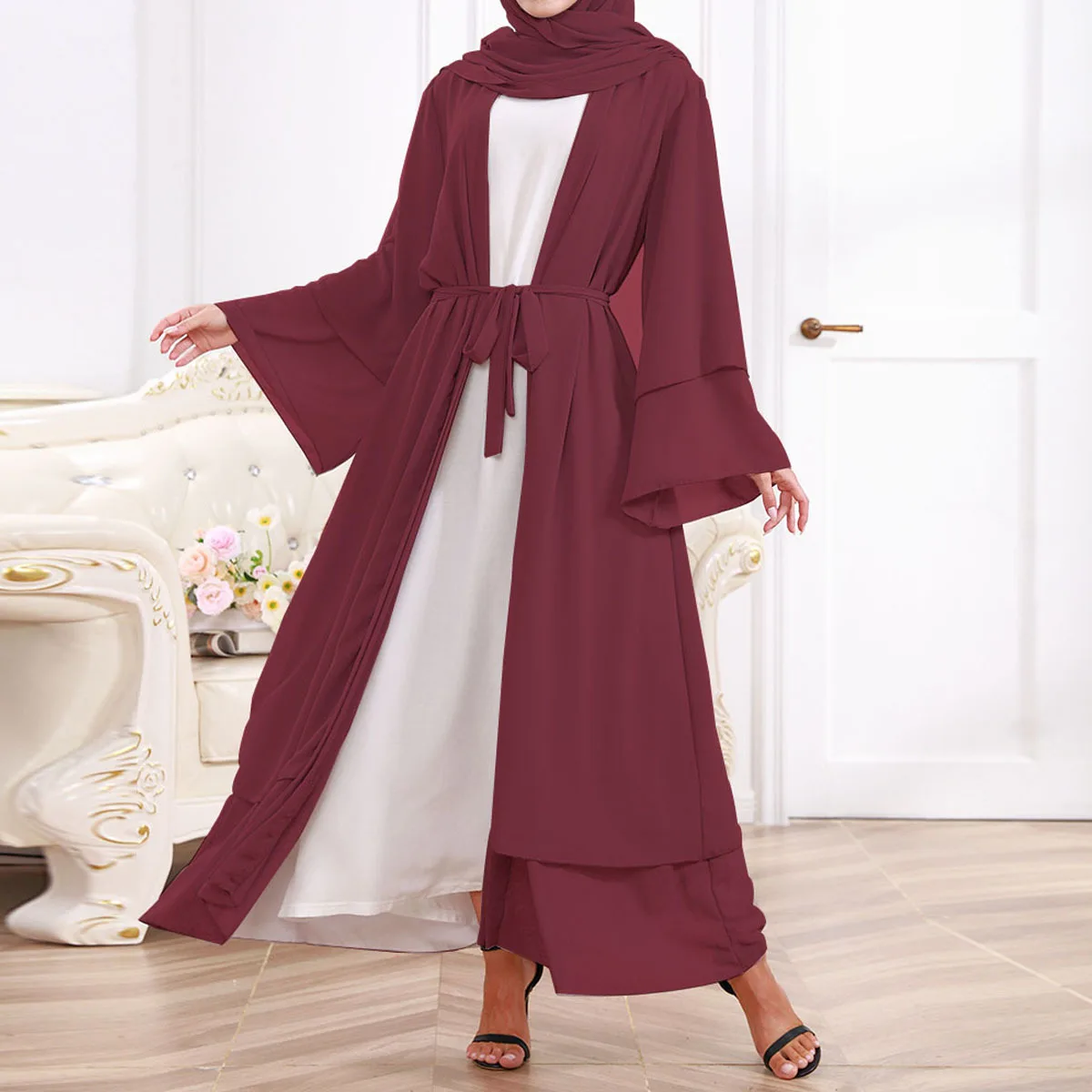 Ramadan Eid Chiffon Open Abaya Kimono Dubai Turkey Islam Kaftan Muslim Hijab Dress Belted Abayas for Women Robe Femme Musulman