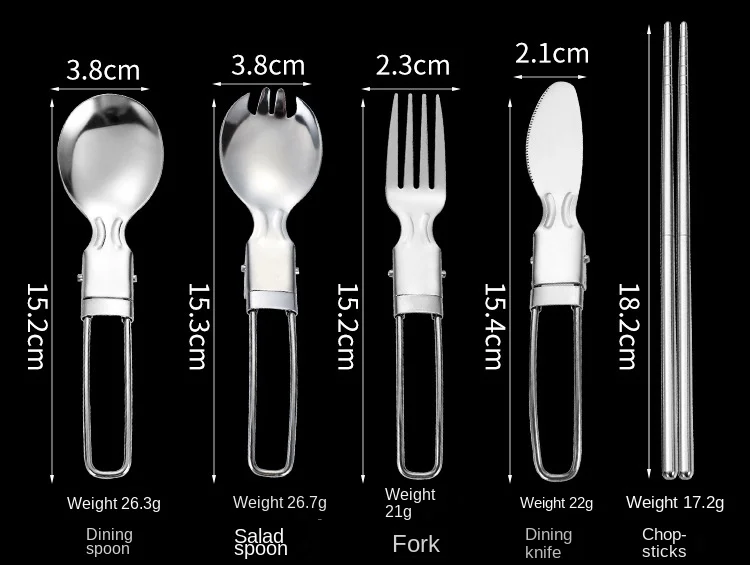 304 stainless steel folding cutlery set, fold knife, fork, spoon, detachable chopsticks, outdoor camping portable tableware