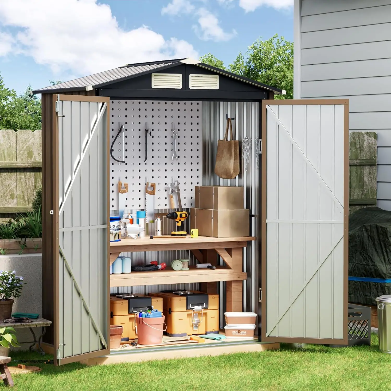 5x3FT Outdoor Steel Storage Shed, Lockable Doors, Compact Metal Tool Shed for Garden, Backyard, Patio, Utility, and Bike Storage
