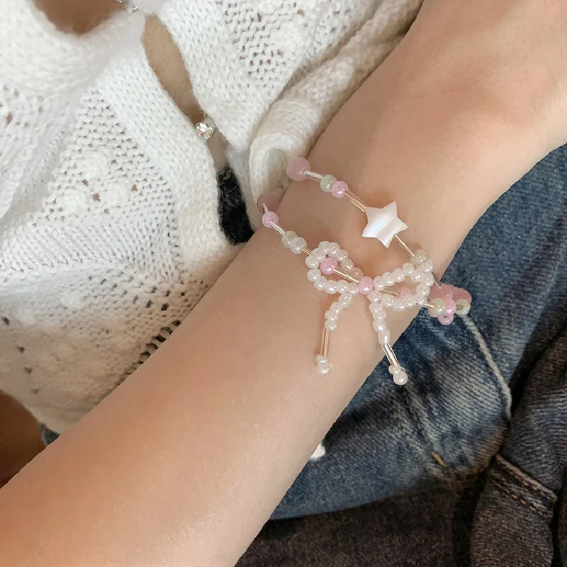 Korean Fashion Vintage Cute Crystal Star Bowknot Pearl