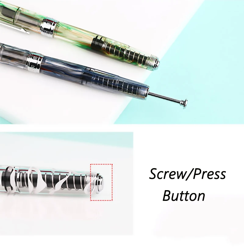PENBBS 500 아크릴 푸시 프레스 피스톤 만년필, 이리듐 파인 펜촉, 아름다운 패션 사무실 필기 선물 잉크 펜 세트, 0.5mm