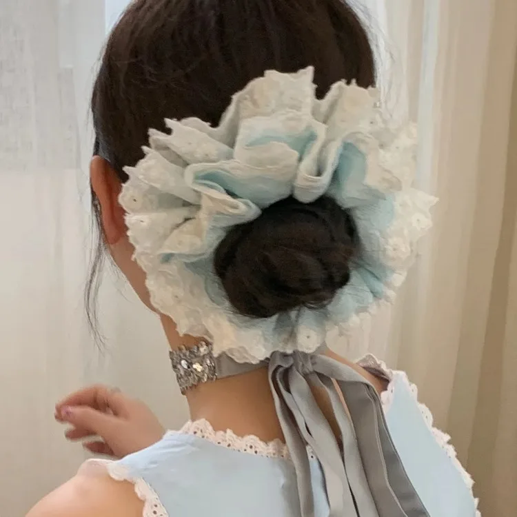 Oversized Four-layer Embroidery Lace Pleated Scrunchie High Quality Fashion Korea Plaid Patchwork Hair Band Headwear Accessories