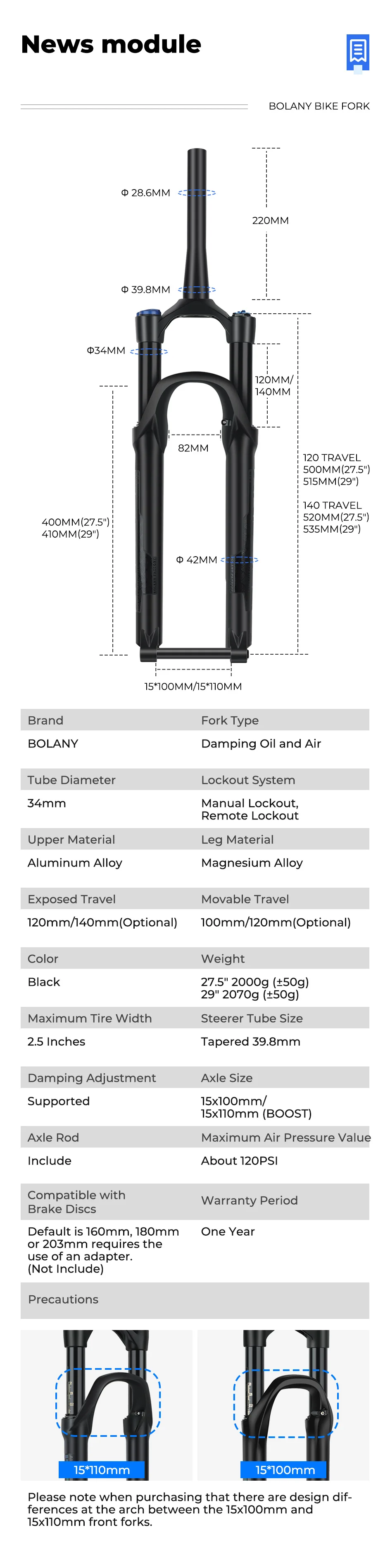 BOLANY BOOST Fahrrad-Luftgabel, 26/27,5/29 Zoll, MTB-Luftgabel, 15 x 110 mm, 34 mm Rohr, 15 x 100 mm Steckachse, Federgabel, 120/140 mm, Federweg – Detail 3