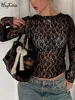 Hugcitar Mesh Floral Print O Neck Long Sleeve See Through Sexy Slim Crop T-Shirt Top 2025 Spring Fashion Outfits Party Nightclub