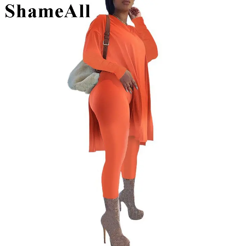 

Women Side Split Loose Long Sleeve Lounge Tracksuits Spring Sexy Bodycon Leggings Oversize Pullover Co Ord 2 Two Piece Biker Set