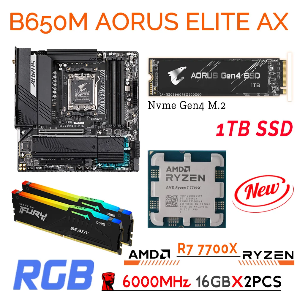 

Gigabyte B650M AORUS ELITE AX AM5 Motherboard Combo AM5 + R7 7700X CPU + Kingston DDR5 32GB RAM + 1TB M.2 SSD Combo Ryzen Kit