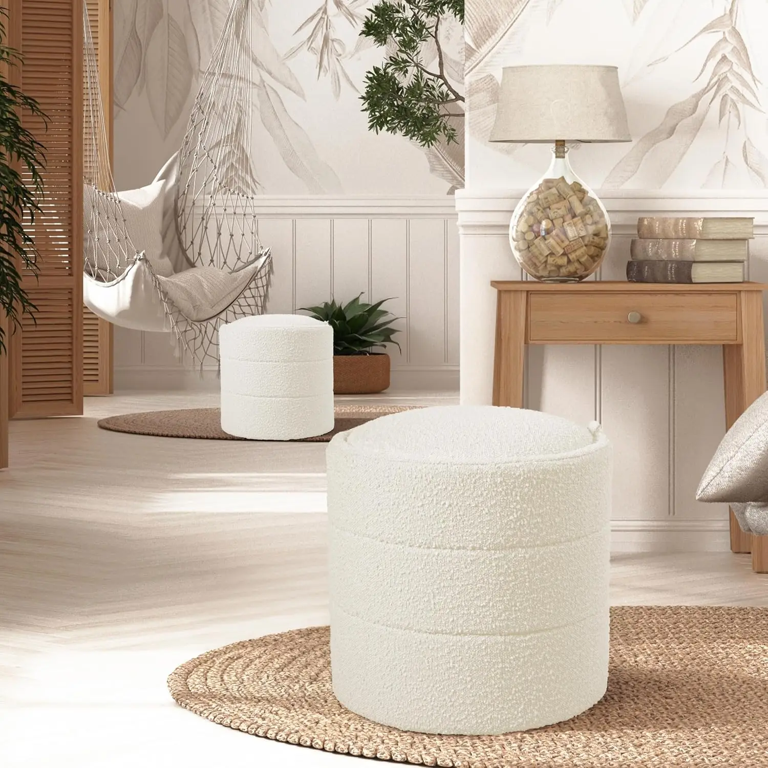 Storage Round Ottoman with Removable Lid Home Décor|Upholstered Round Foot Rest Ottoman - Cream Boucle