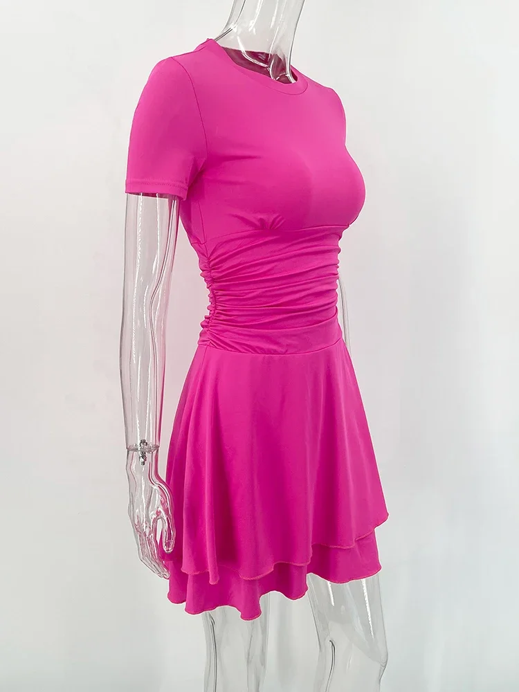 Fashion Folds Ruffled Mini Dress For Women Summer New Solid Color Short Sleeves Female Clubs Party Sexy Slim Fit Dress