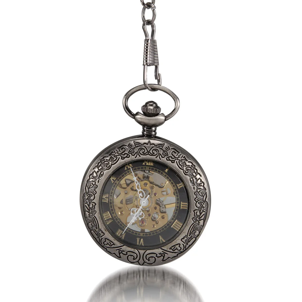 Men Women Mechanical Pocket Watch Transparent Glass Carved Case with Chain LL@17