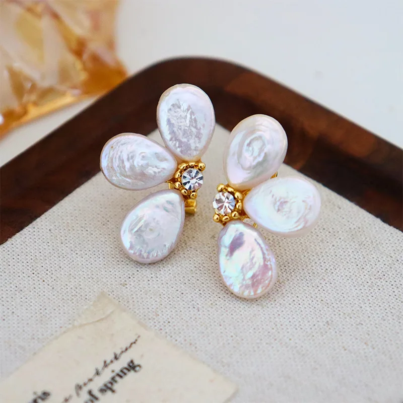 Brass With 18K Gold Zirconia Natural Pearl Flower Stud Earrings Women Jewelry Punk Party T Show Gown Runway Korean Japan INS