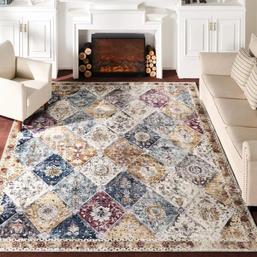 

Многоцветный моющийся ковер, цветочный винтажный фотоковер, нескользящий и простой в уходе Графический ковер с ромбовидным узором для большой площади