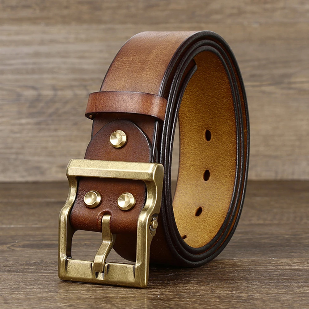 Thick Cowhide Copper Buckle Genuine Leather Casual Jeans Belt Men High Quality Retro Luxury Male Strap Designer Leather Belts 1pc deepeel 3 8 110 130cm embossed genuine leather belt body first layer cowhide male designer headless crafts adults belts