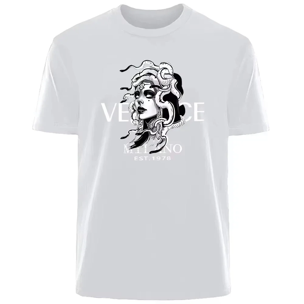 Luxury Summer T-Shirt - Men's Breathable Cotton Knit Medusa Print Tee for Daily Commuting