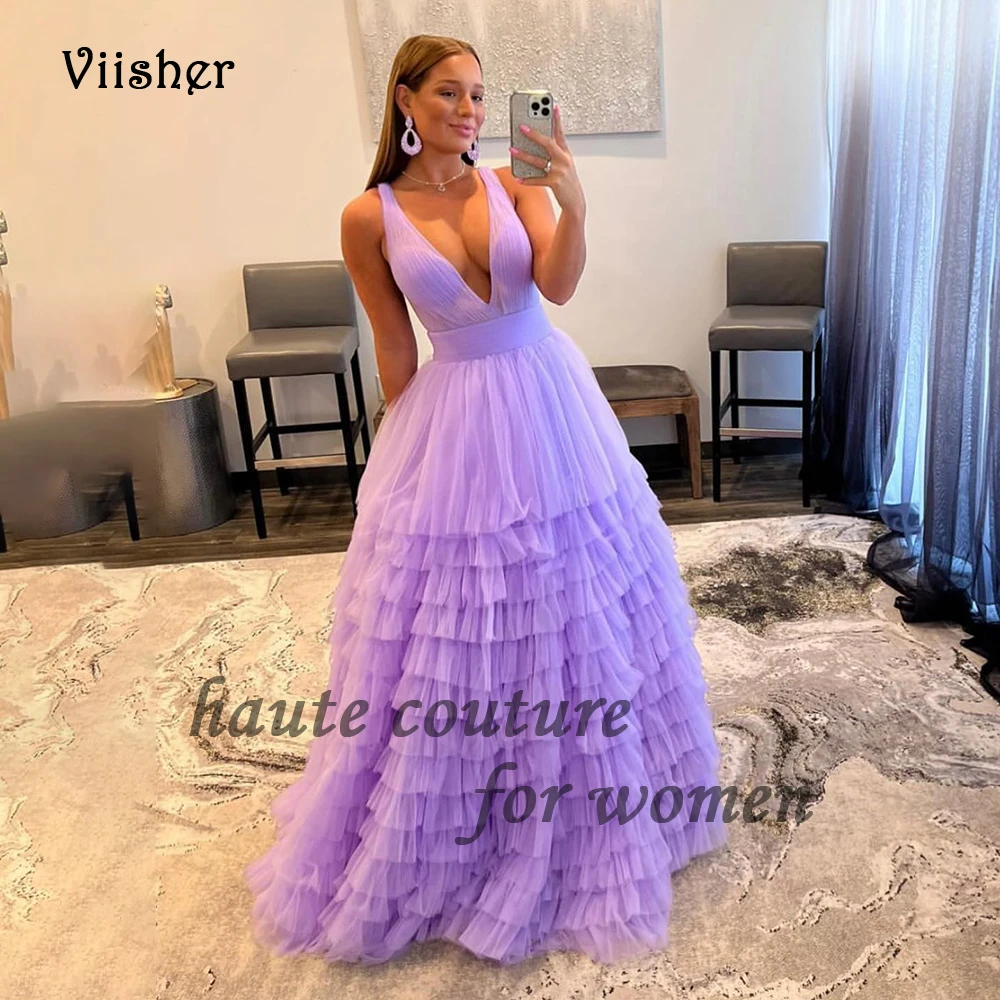 

Женское длинное платье с открытой спиной, лавандовое Тюлевое ТРАПЕЦИЕВИДНОЕ ПЛАТЬЕ С V-образным вырезом, без рукавов, со шлейфом, для выпускного вечера