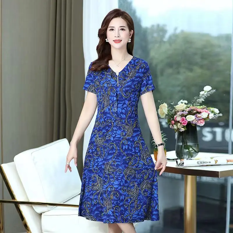 

Fdfklak 2022 Korean New Vestidos Summer Dress Short-sleeved Skirt High-Waist A-line Skirt V-neck Women Clothing Ropa Mujer