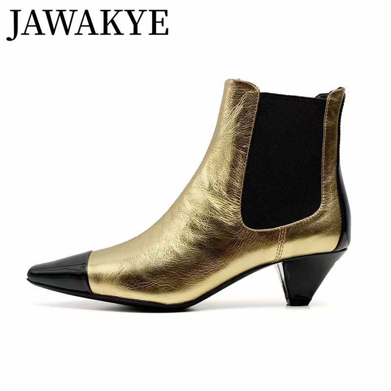 

Winter Runway Classic style Genuine Leather Golden Black Pointy Toe Women's Boots Conical Heel Ankle Boots Women Chelsea Boots