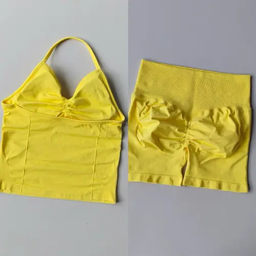 Sexy Halter Neck Beautiful Back High Waist Peach Sports Bras Shorts Suit Pilates Gathering Yoga Vest Training Fitness Bra Sets - Image 19