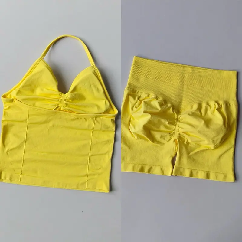 Sexy Halter Neck Beautiful Back High Waist Peach Sports Bras Shorts Suit Pilates Gathering Yoga Vest Training Fitness Bra Sets - Image 19
