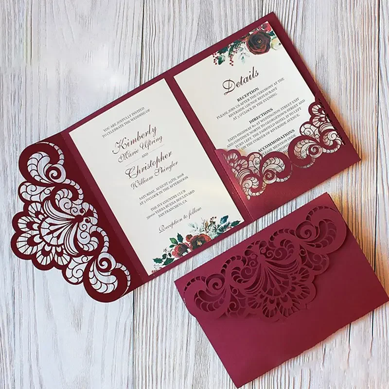 10 pieces Laser Cut Floral Tri-fold Pocket Wedding Invitations Quinceanera XV Birthday Thank You Greeting Card IC153