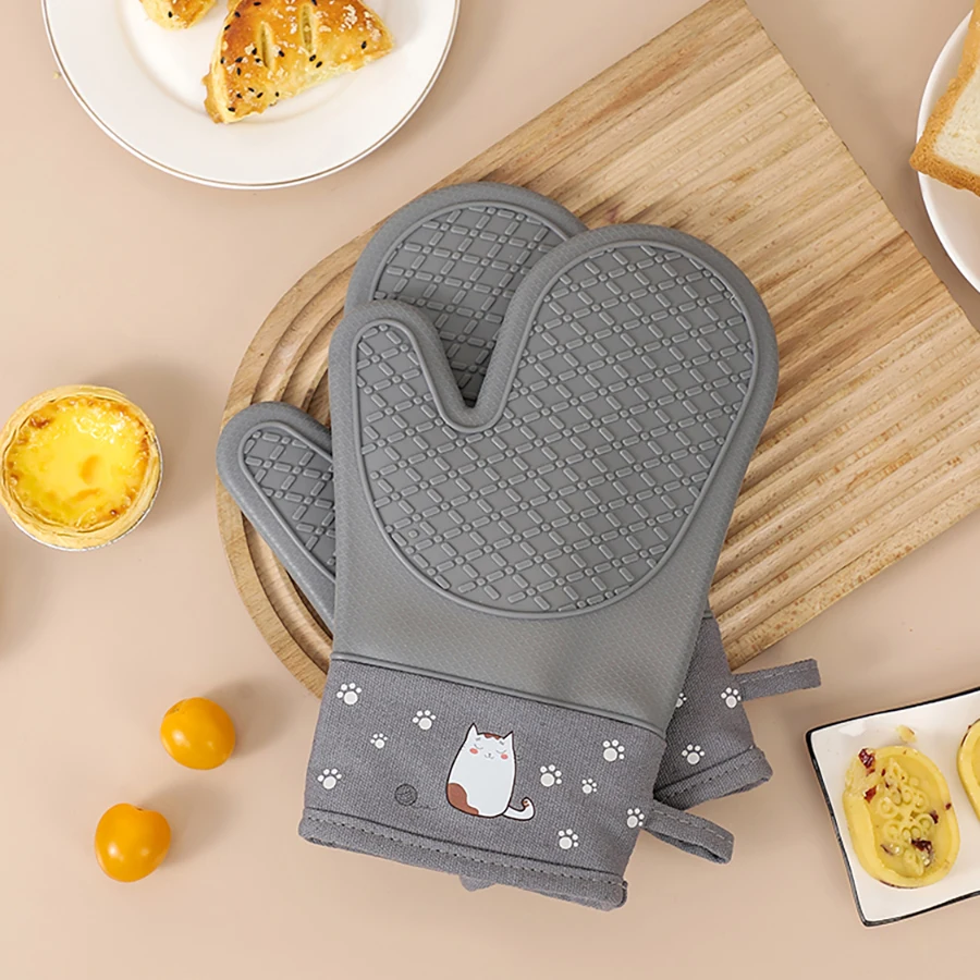 Cat Pattern Silicone Oven Gloves Heat Resistant 300℃ Thickening Anti-scalding Gloves Anti-slip Cooking Barbecue Oven Mitts