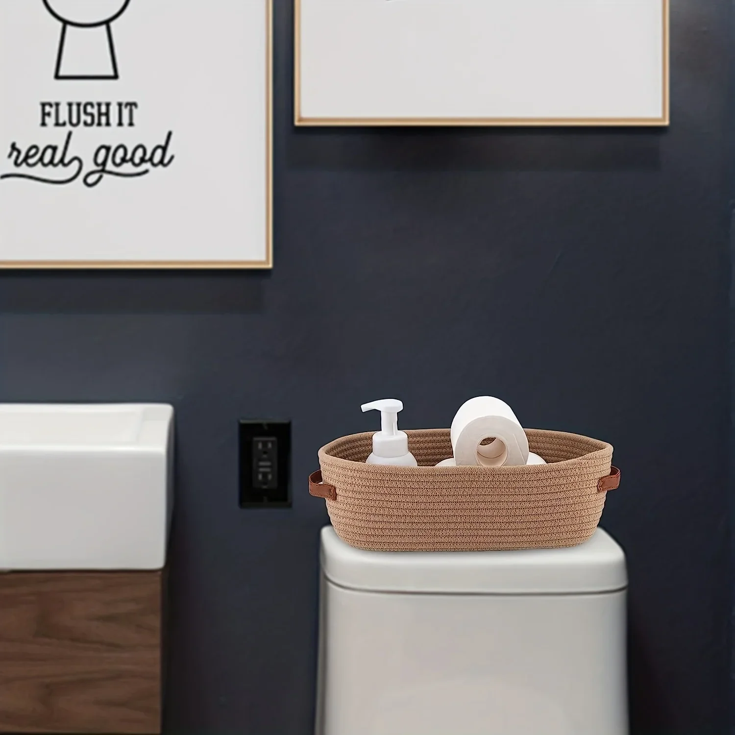 1pc Oval Woven Bathroom Storage Basket, Multifunctional Desktop Organizer, Toilet Paper Holder, Toy Storage Basket