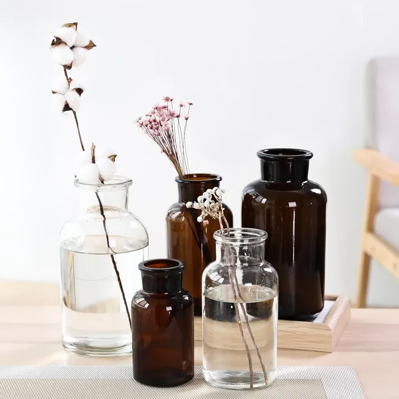 Glass vase home small hydroponic plant glass bottle living room dried flower decoration transparent WY