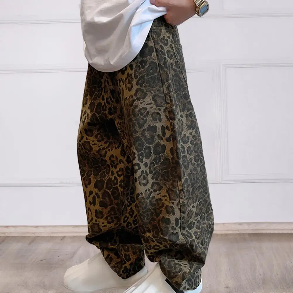 

Hip-hop Style Pants Retro Hip Hop Men's Pants with Leopard Print Deep Crotch Soft Breathable Fabric Stylish Mid for Streetwear