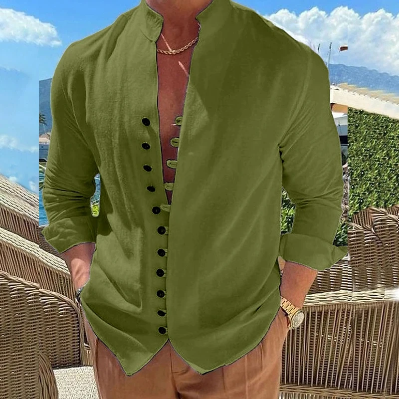 

Retro Solid Color Linen Tops Mens Casual Loose Long Sleeve Stand Collar Buttoned Shirt 2023 Spring Summer Men Fashion Streetwear