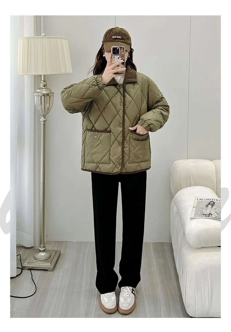 Autumn Winter Overcoat PU Leather Cotton-padded Jacket Women's Rhombic Lattice Short Coats Female Warm Outerwear No-wash Parkas