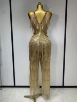 Women Sparkly Glod Rhinestones Sequined Fringe jumpsuit Sexy Nightclub Party Birthday Outfit Show Singer Stage Perform Costume - Image 4