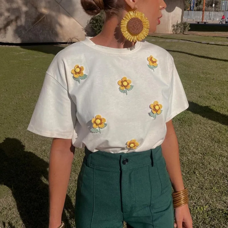 

2024 Summer Elegant Women Sweet T Shirt O Neck Short Sleeve Flower Loose Tops