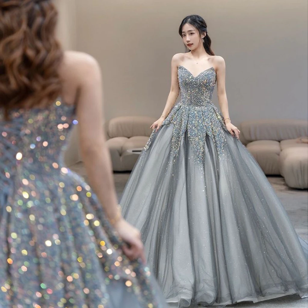 

Shiny Cocktail Dresses Sequined Luxury Ball Gown Classic Spray Gold Sweetheart Strapless Vintage Long Evening Party Prom Gowns