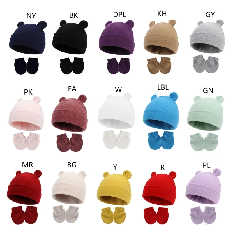 

Baby Hats and Mittens Set Beanie Cap with Ear Newborn Hospital Hat No Scratch Mitten for 0-6 Months Boys and Girls