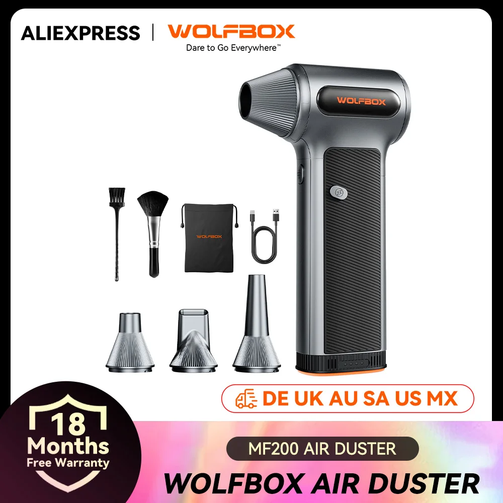 WOLFBOX MF200 เครื่องเป่าลมไฟฟ้า-แรงลม 320 กรัม, มอเตอร์ไร้แปรงถ่านแบบชาร์จไฟได้ 3 ระดับ สำหรับรถยนต์/คอมพิวเตอร์/บ้าน/กลางแจ้ง 1
