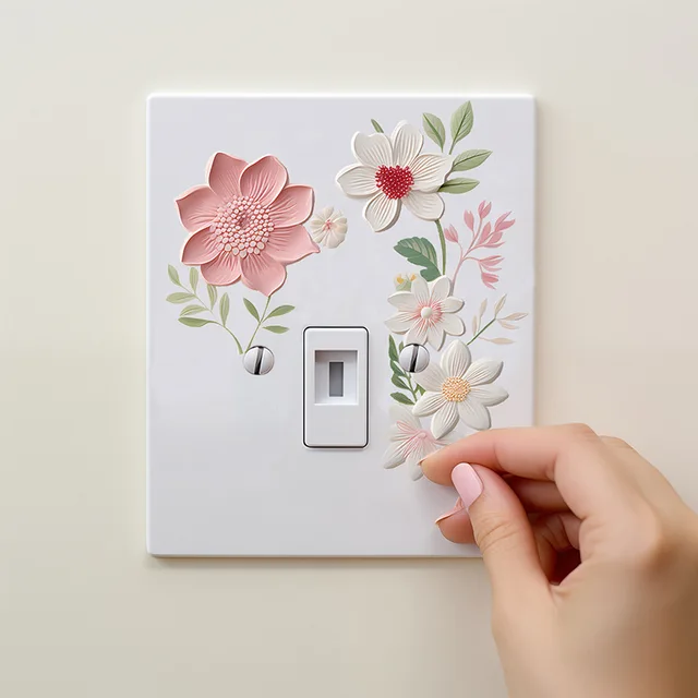 Autocollant mural interrupteur de belles fleurs, autocollant imperméable amovible en PVC pour chambre à coucher, salle de bains, salon, décoration de la maison 2