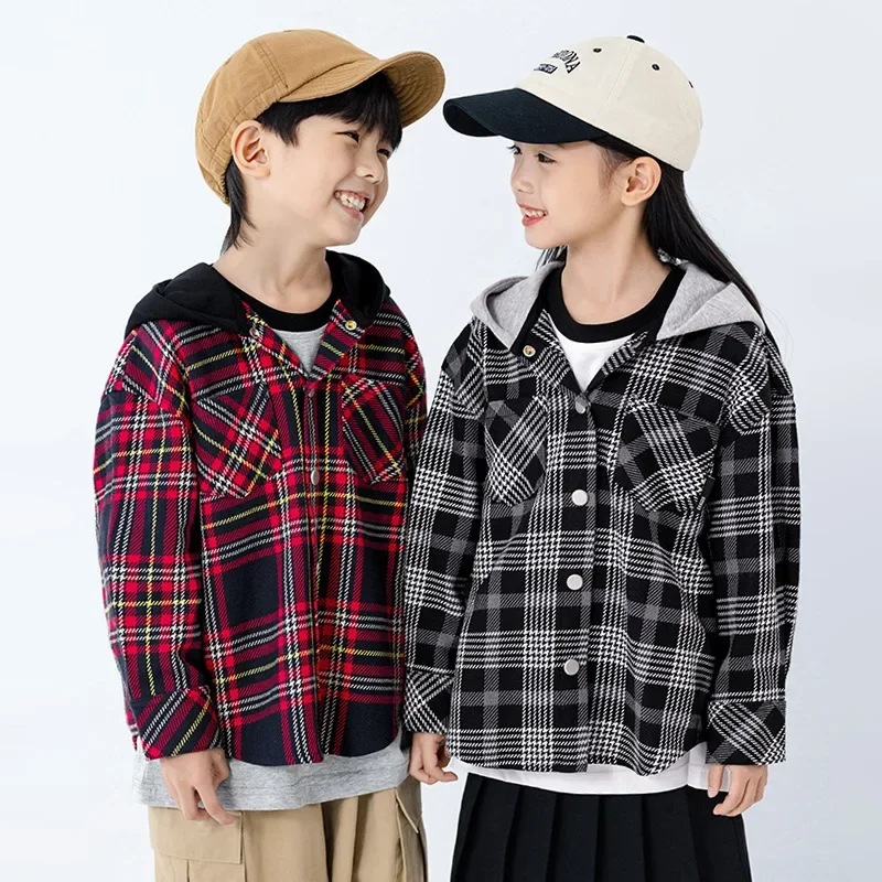 EKchildren's Wear Spring Autumn Plaid Hooded Cotton T-shirt Boys Pure Cotton Loose-Fit Unique Medium Large Children Trendy Cool