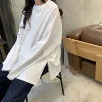 Women T-shirt Slit Loose Oversize Tees Solid Round Neck Simple Dress  Fashion Ladies  Casual Autumn  Long Sleeve Basic Tops - Image 6