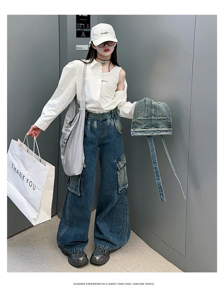 2025 Spring/Autumn Girls Denim Overalls Trendy Detachable Wide-Leg Jeans for Kids Stylish Versatile Casual Two Wear Trousers
