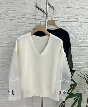 Women's luxurious solid color casual V-neck 100% Merino wool knitted sweater