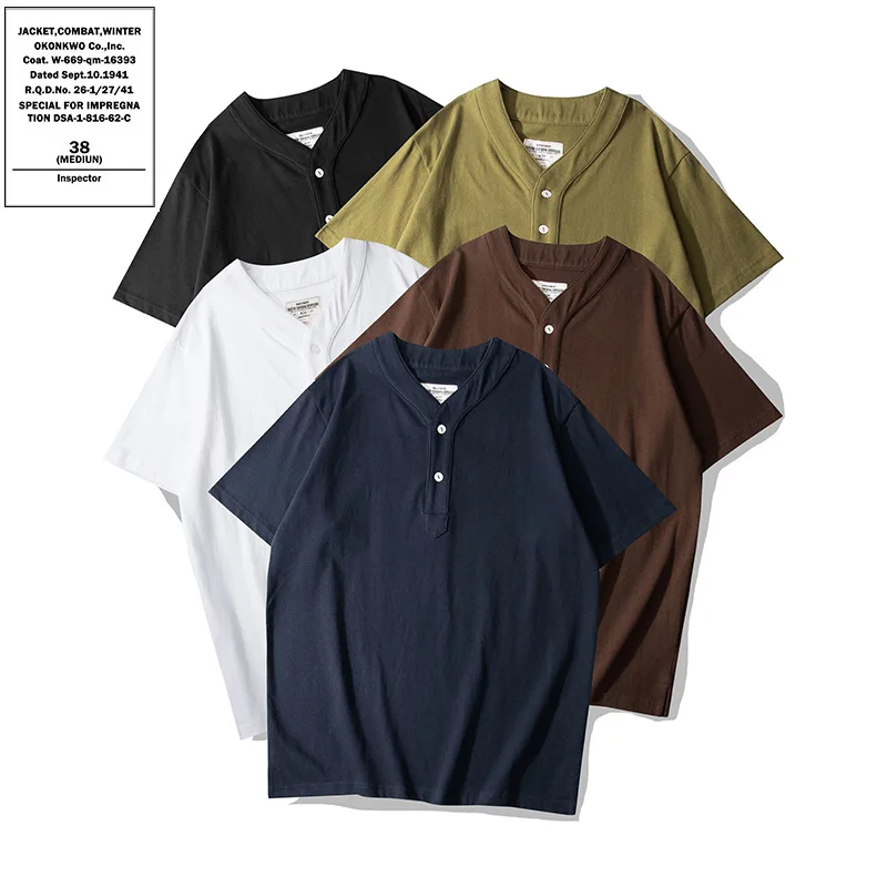 

OKONKWO Heavyweight 230g Baseball Neck Short Sleeve T-shirt Polo Shirt Solid V-shaped Training Sports Clothes Outdoor Fitness