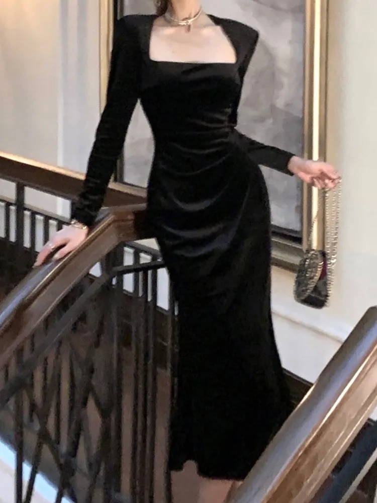 

Autumn Women Velvet Midi Black Dress Ladies Long Sleeve Slim Vintage Bodycon Robe Korean Fashion Evening Club Female Vestidos