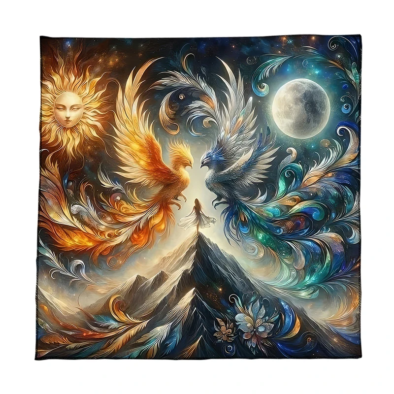 Mystical Sun and Moon Tarot Card Tablecloth With Ice and Fire Phoenixes For Tarot Readings Cloth Witch Altar Cloth Home Decor 5