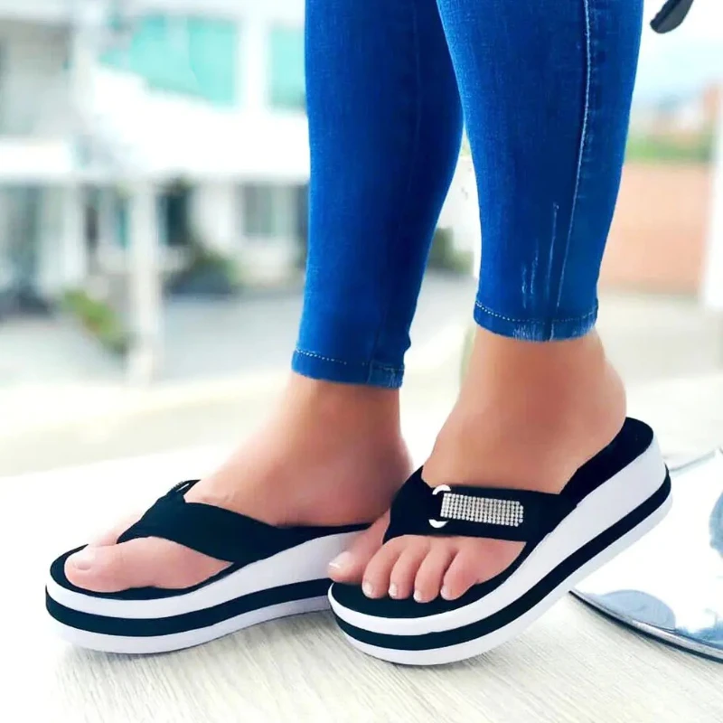 Plus Size Women's Shoes Rhinestone Sponge Platform Sandals Wedge Women's Slippers Summer 2022 Flip Flops Women Flat Beach Slides 