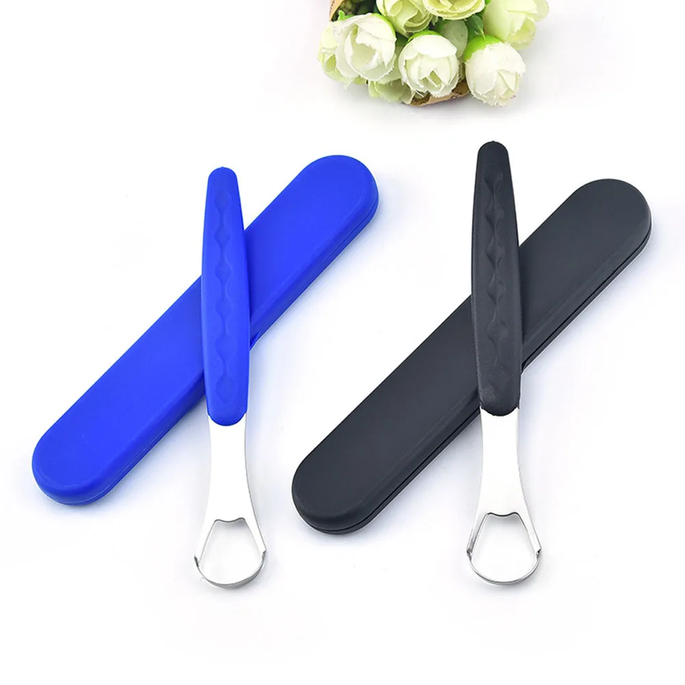 1pc Portable Tongue Cleaner Tongue Scraper Reusable Stainless Steel Oral Mouth Brush +Case Black/Blue/Green Non-slip Handle