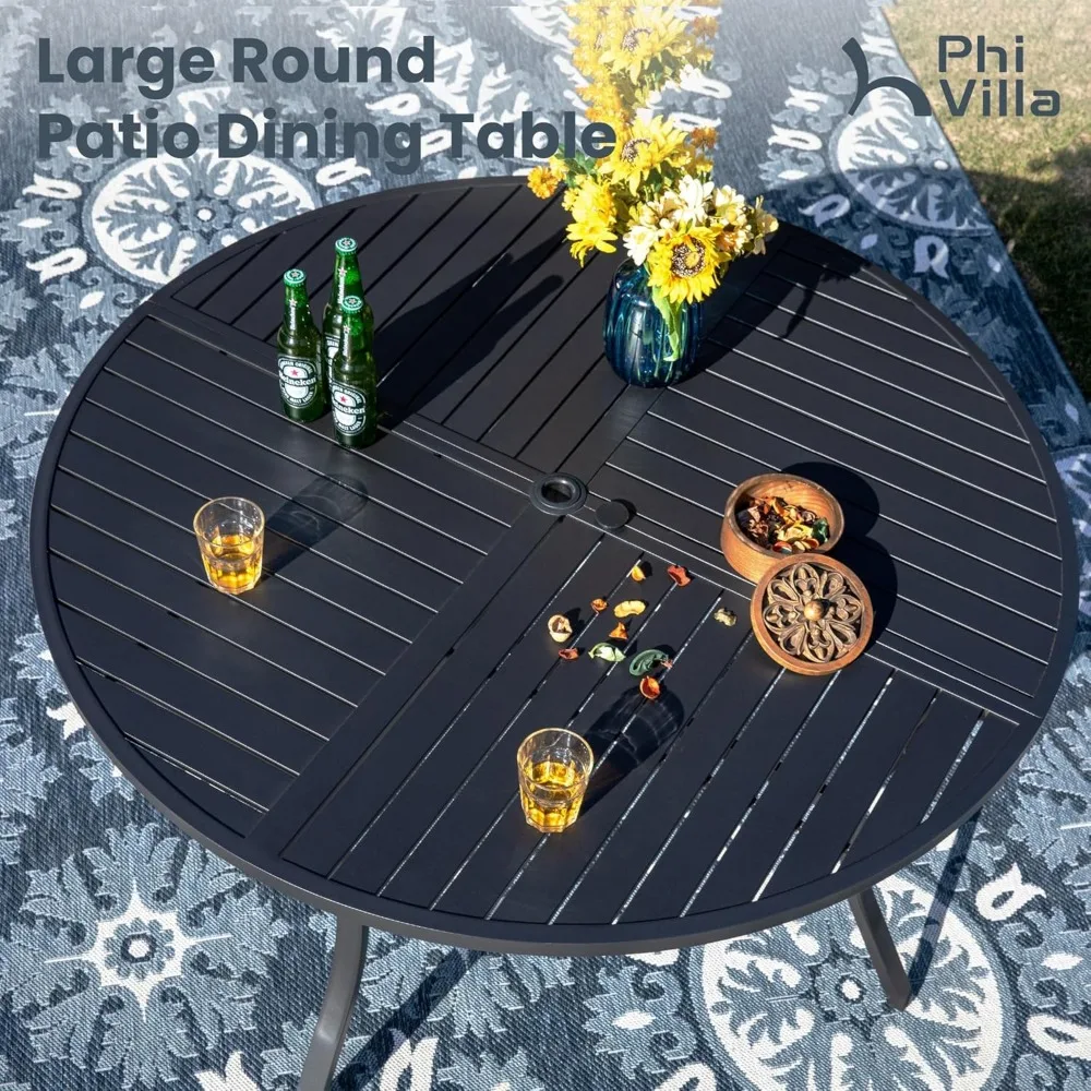 Large Wrought Iron Dining Table with Umbrella Hole & Stackable Metal Chairs, Dining Furniture, Garden Sofas 2
