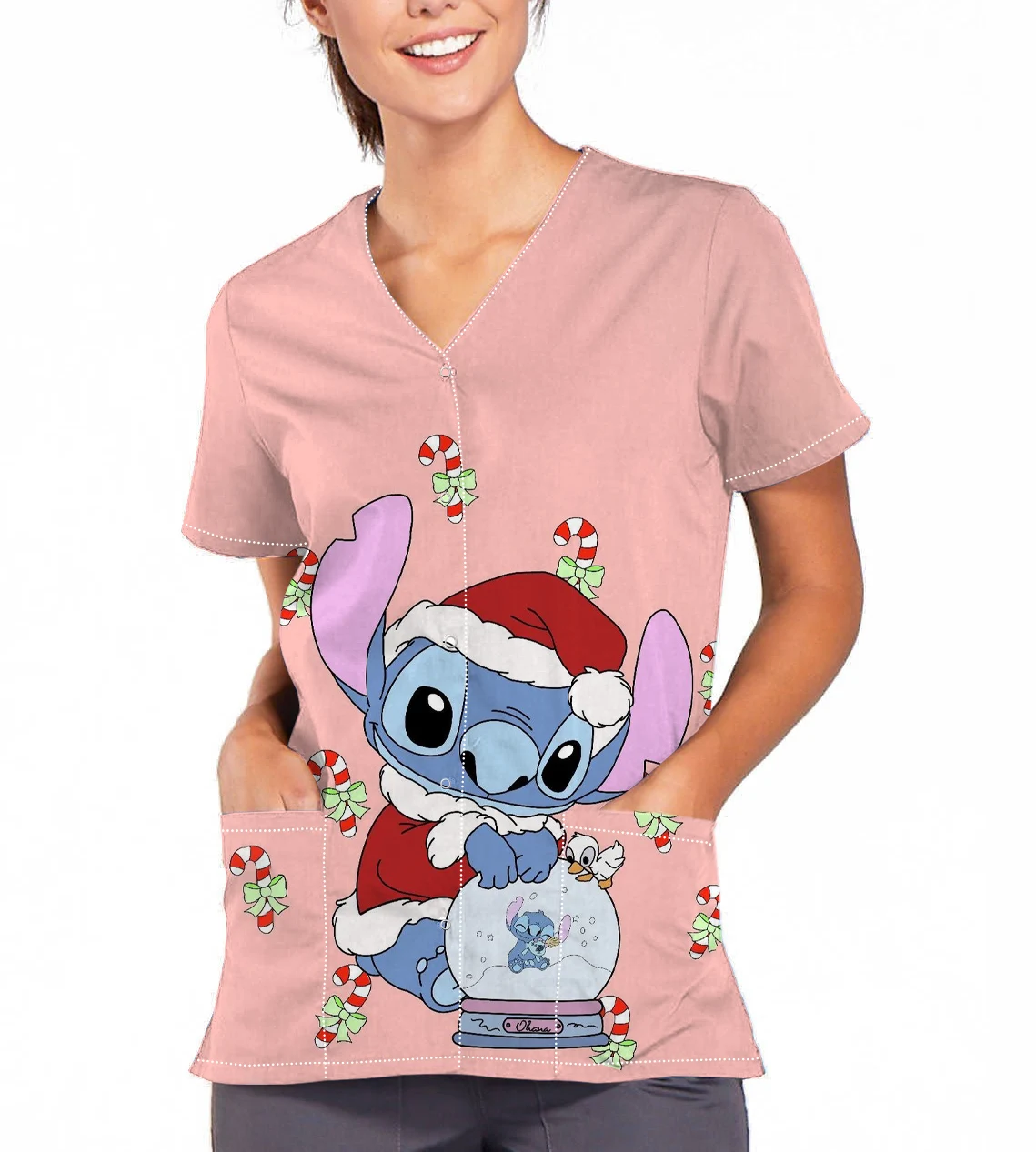 

Women's Hospital Work Uniform Disney Stitch V-Neck Print Scrub Top Printed Wonderful Fairy Dental Beauty Salon Nurse Top