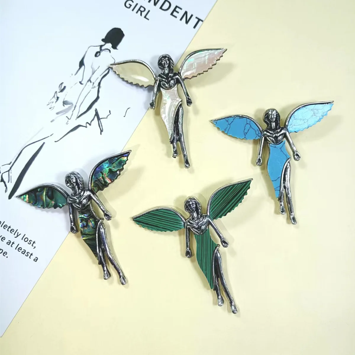 

Angel Brooch Natural Shell Abalone Shell Malachite European Shell Brooch Pin Pendant Universal for DIY Necklace Jewelry Gift