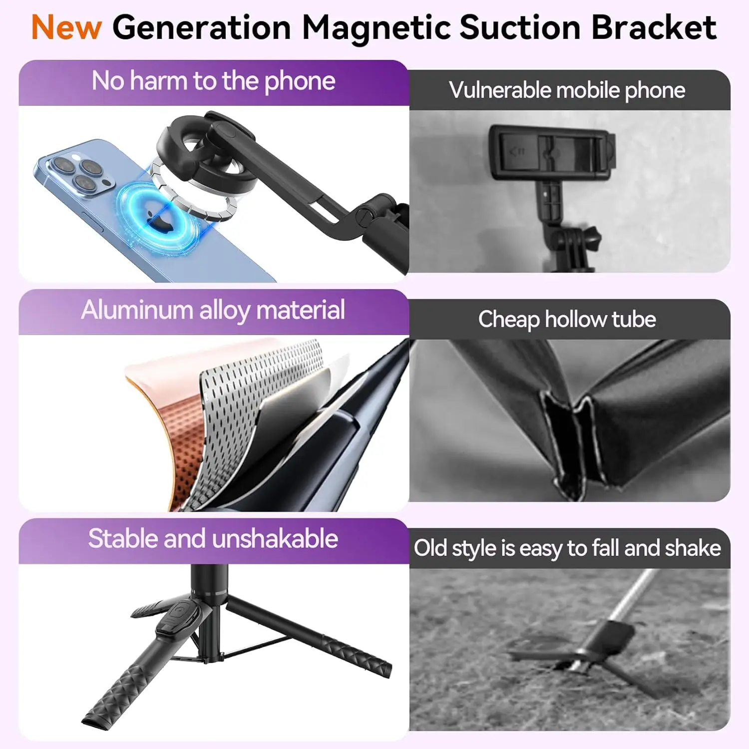Magnetic Selfie Stick Extendable Phone Tripod Stand Portable Phone Tripod for All Cell Phones for Selfie/Photo/Live/Vlog